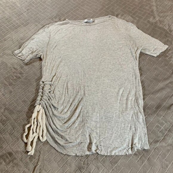 Mango Womens Small T Shirt Blouse Gray Rib Knit Short Sleeve Ruched Stretch - Picture 1 of 11